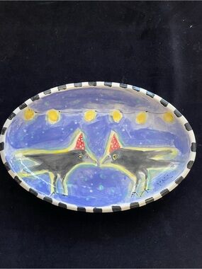 Handmade Large Ceramic Serving Tray  “Evening With Friends Original 14”x10”